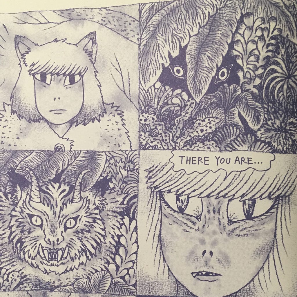 Four panels depicting a woman in a hunter’s fur coat and feline ears staring down a surreal not-quite-tiger in the foliage.