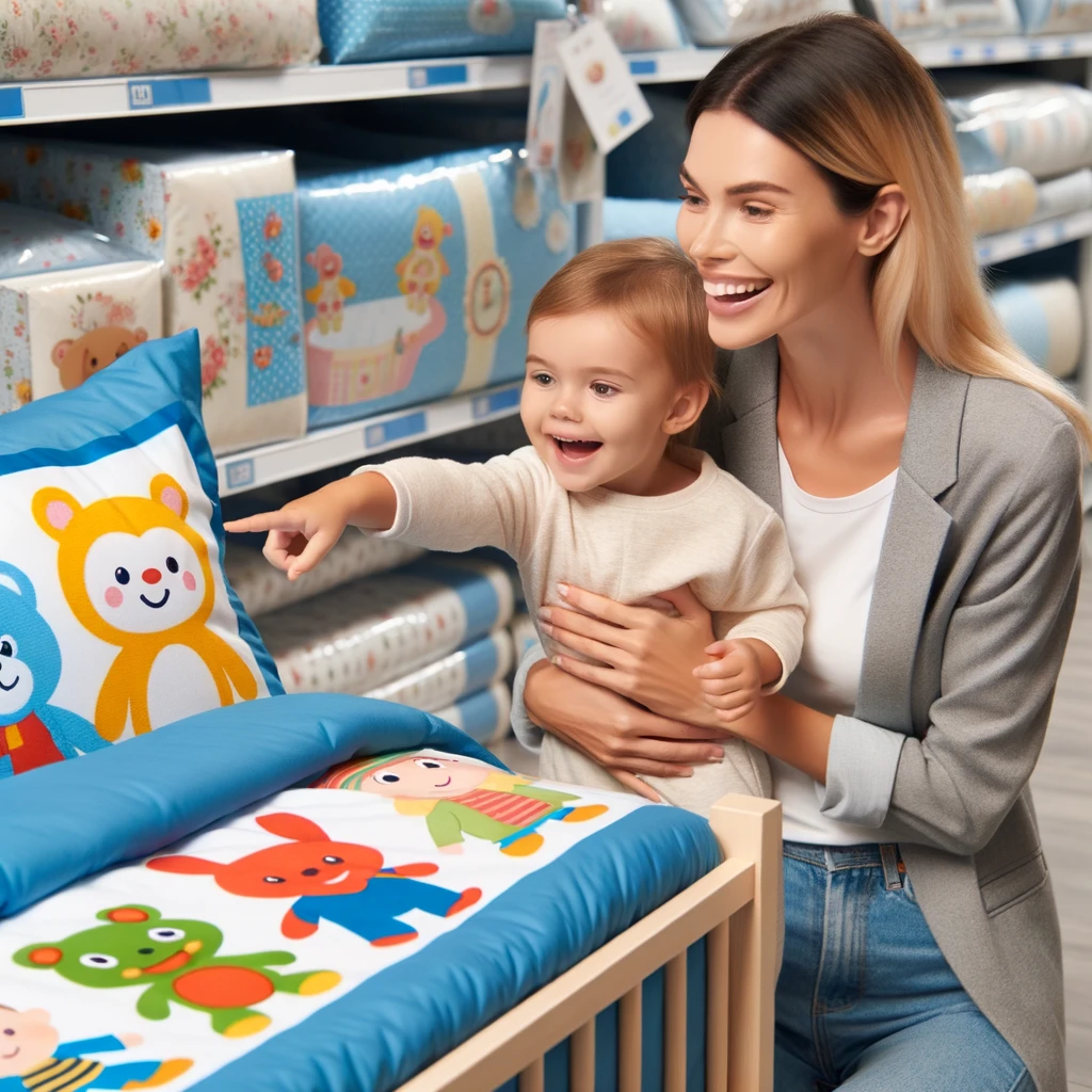 Mother and enthusiastic toddler shopping for vibrant bed sets, pointing at a favorite design