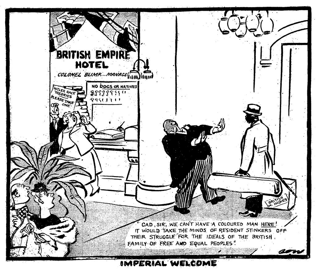 Satirical cartoon by David Lowe. Learie Constantine (right) is denied entry into the British Empire Hotel on account of the colour of his skin.