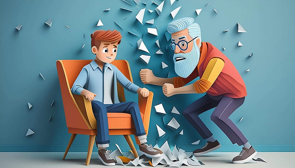 A young man with brown hair sits in an orange chair, looking slightly anxious. Next to him, an older man with a blue beard and glasses leans forward angrily, fists clenched. The older man wears a red vest and yellow shirt. Jagged paper shapes are scattered around them, suggesting tension and conflict. The scene is crafted in a colorful, cartoon-like, paper-cut style.