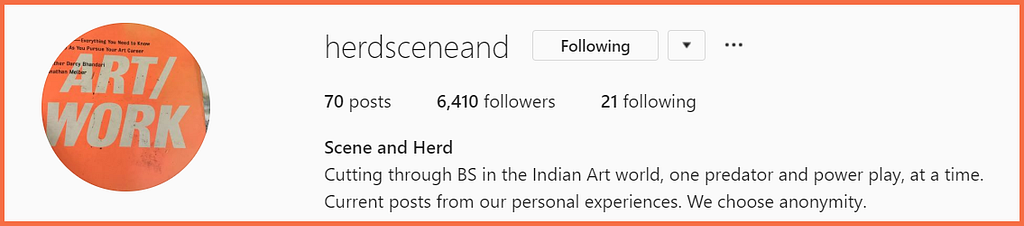 Instagram header of @herdsceneand with an orange logo saying “Art Work”, 70 posts, 6410 Followers, and 21 Following.