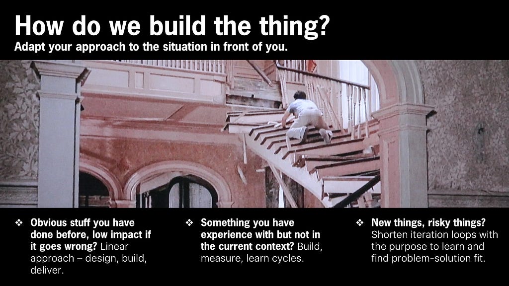 Slide showing a house coming down. The topic is building something, and the text refers to how we deal with complexity.