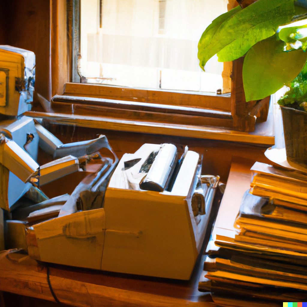 I generated this image using DALL-E, with this prompt: “A human sized robot working at a wooden desk, sitting in a wooden desk chair, typing on an old fashioned typewriter. A window, a bookcase, and plants appear in the background, but they’re lightly blurred.”