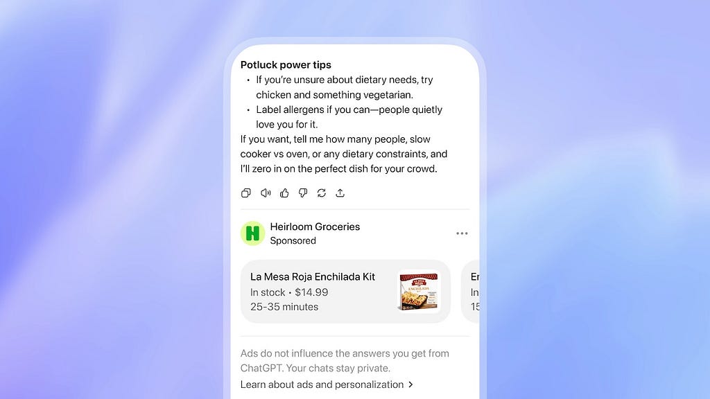A screenshot of a ChatGPT interface showing a ‘Potluck power tips’ response followed by a sponsored ad from ‘Heirloom Groceries’ for an Enchilada Kit, featuring price, stock status, and a small product image.