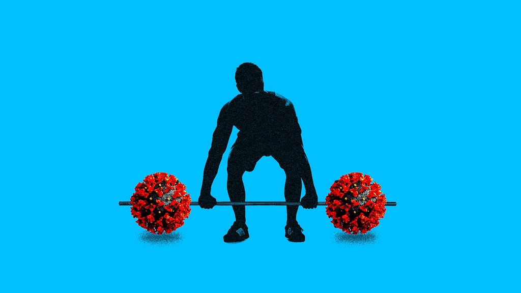 Silhouetted person lifting weights that have coronavirus molecules on the ends rather than weights.