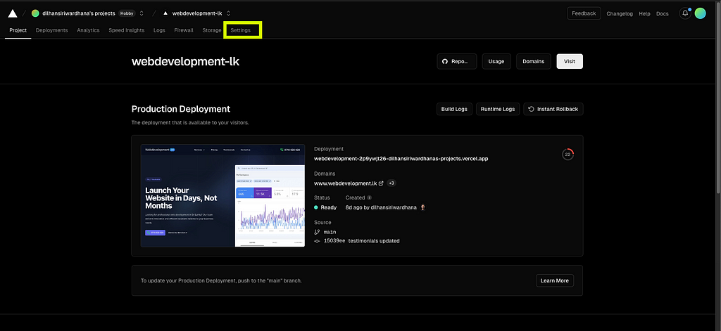 select settings from vercel project