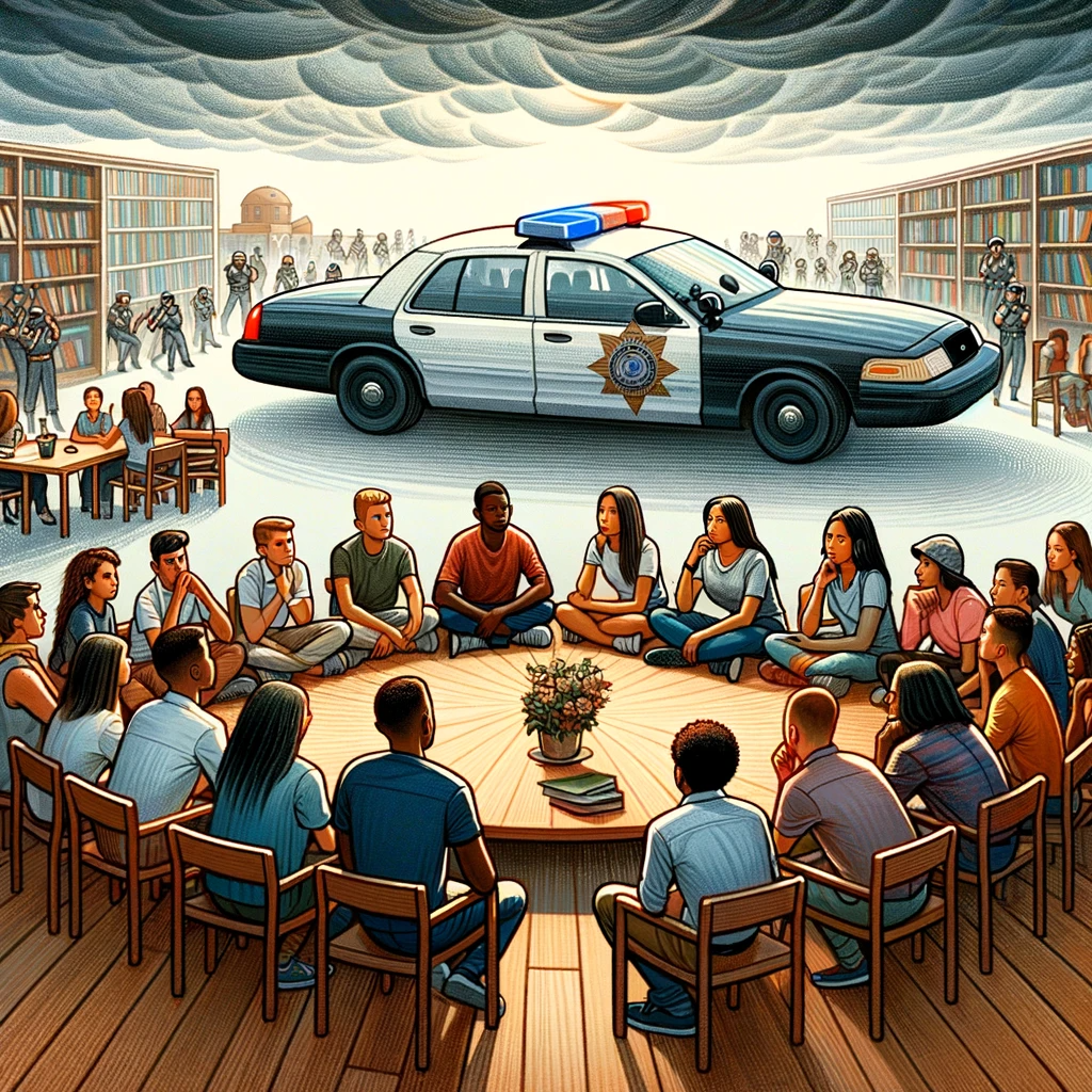 The image captures a scene in an educational library setting. In the forefront, students sit around in a circle, seemingly listening and talking, with flowers and books in the middle. Immediately behind them, on a slightly smaller scale, is a police car in the middle of the room. There are numerous police officers hanging along the library shelves, some in riot gear, while a few students sit at desks nearby. This image symbolizes the psychological impact and the dynamics of police surveillance.
