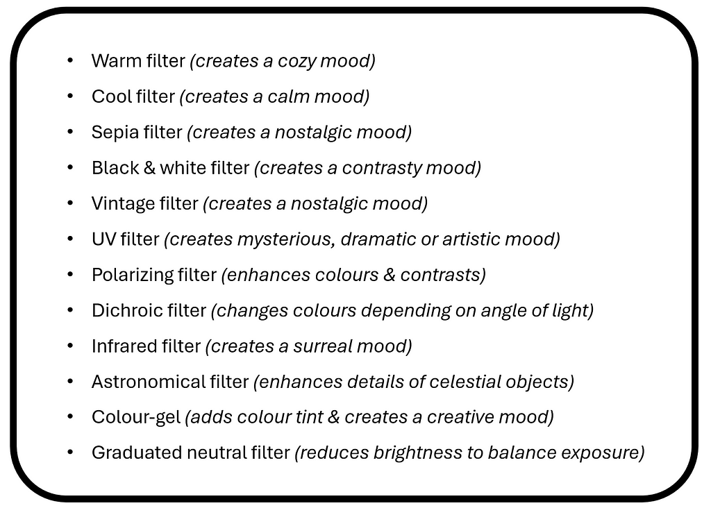 12 Lens filter keywords to include in prompts to enhance the mood of generated images