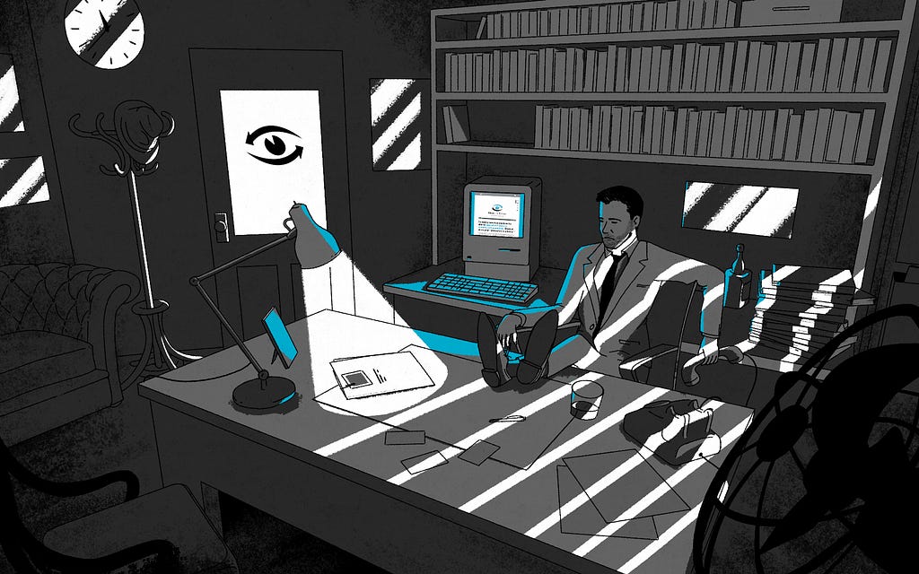 A film noir, comic book style private investigator in his office on the phone. Subtly behind him is the M2X website.