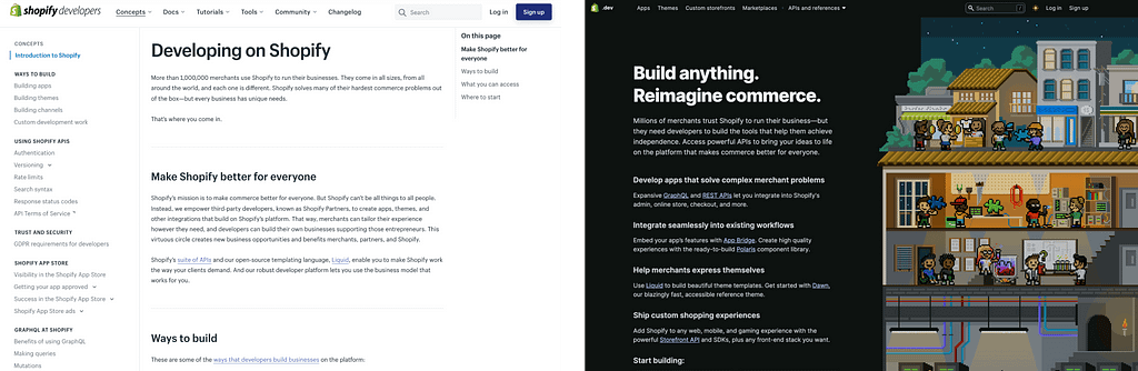 Two side-by-side screenshots of Shopify.dev’s homepage, before and after the most recent redesign.