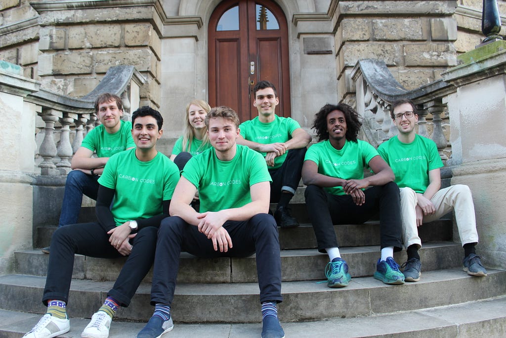 A photograph of the Carbon Codes team. They are all wearing green ‘Carbon Codes’ t-shirts and sat down on steps in front of a building.