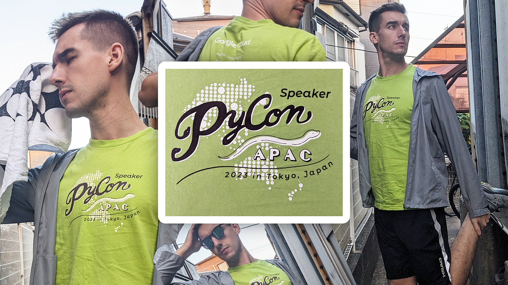 A collage of the bright green PyCon APAC t shirt. The logo features an abstract representation of the APAC region and a white snake, as well as the word “speaker” in the corner.