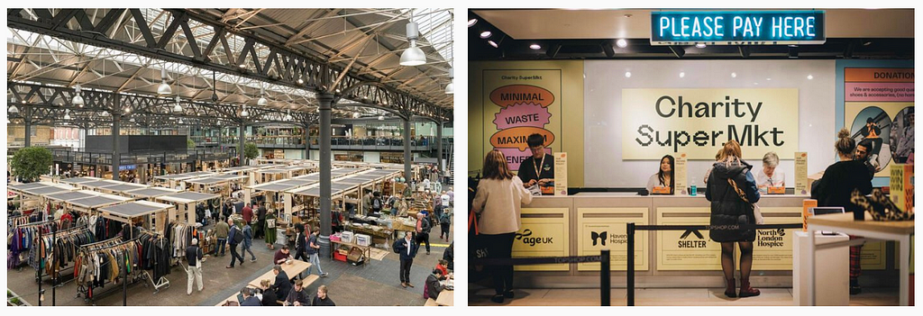 3. Old Spitalfields Market in East London, which continuously houses small independent businesses [Cove Collective]; 4. The marketplace for second-hand clothing Charity Super.Mkt sets up home in disused department stores.