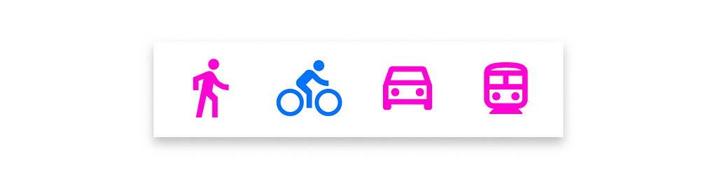 Mobile navigation graphic — blue bicycle is selected, pink person, car, and train and other unselected nav items.