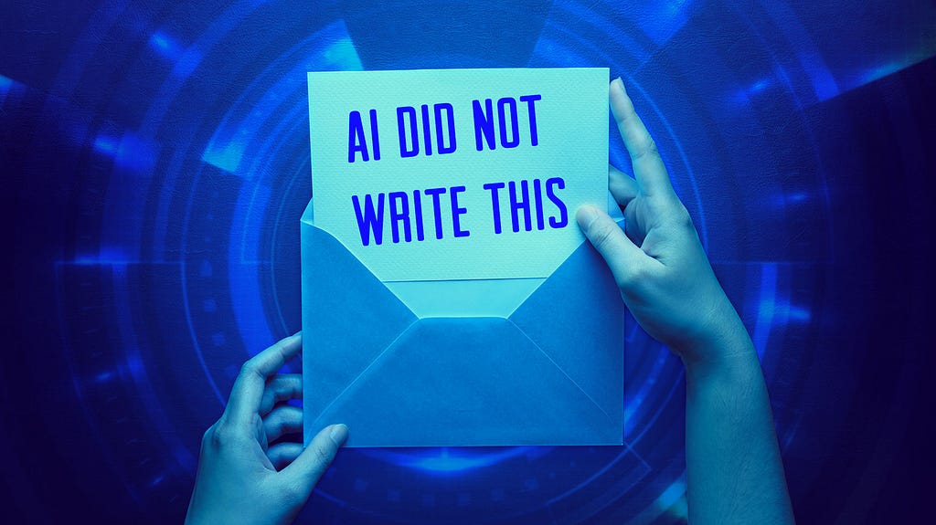 A hand holding an open letter with the writing: AI did not write this. Blue background with some lines and lights that remembers technology.