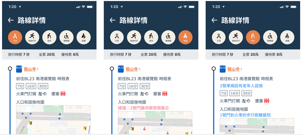 A series of screenshots showing how we suggest highlighted info on relevant facilities, such as which exits have handicap elevators nearby, etc., based on user’s travel mode