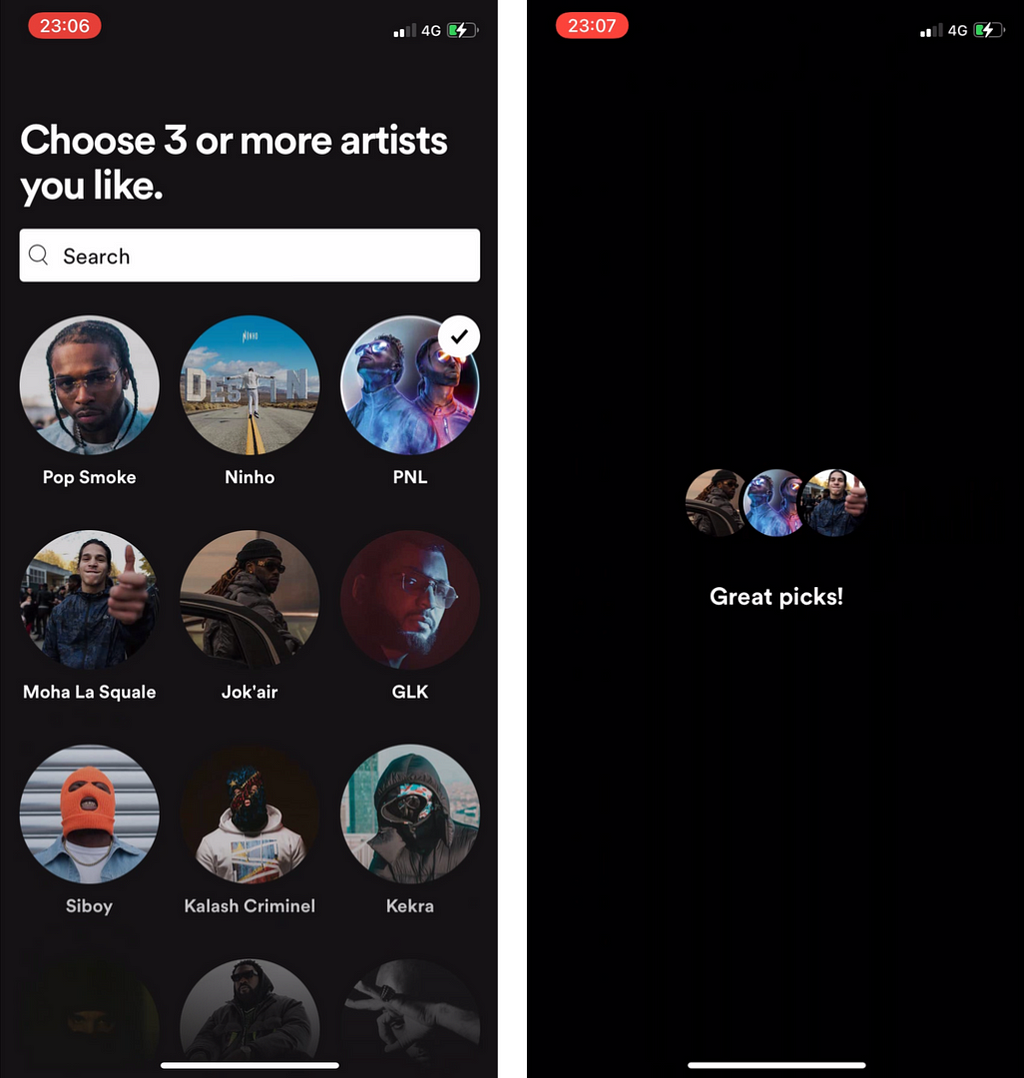 A screenshot of the Spotify onboarding process. The user is presented with a list of music artists, including Pop Smoke, Ninho, and PNL, and is asked to select three to help Spotify personalise their music recommendations.