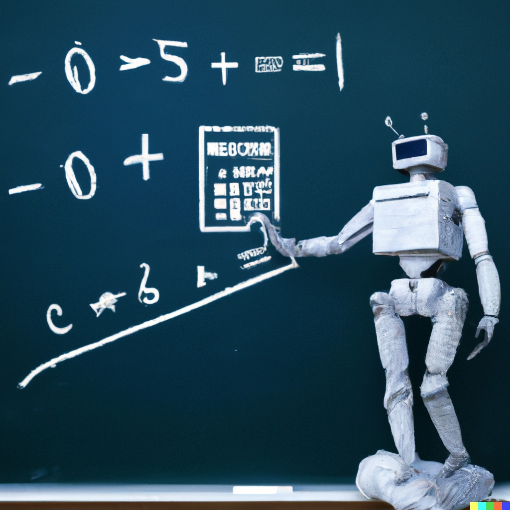 A robot solving a math problem and drawing a calculator on a blackboard