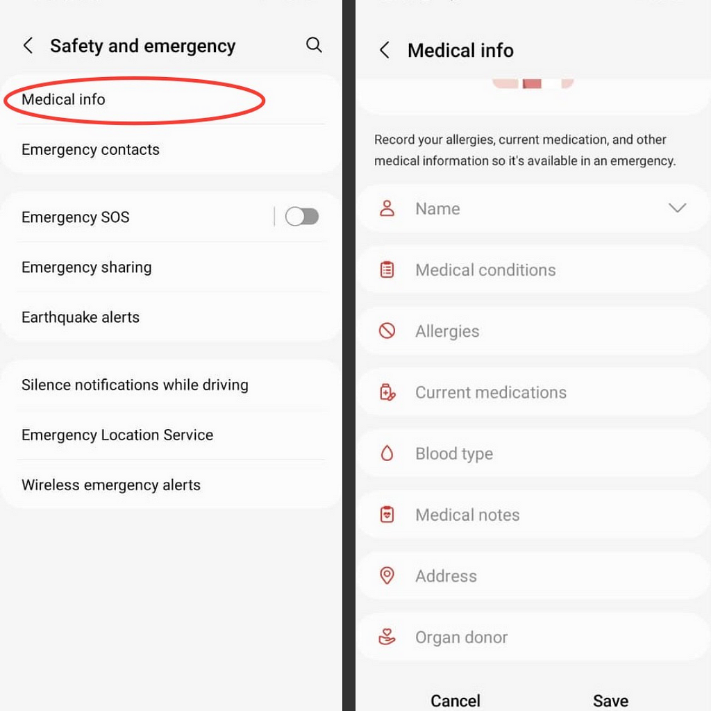 Screenshots Showing How to Set up Medical Information on Android Devices