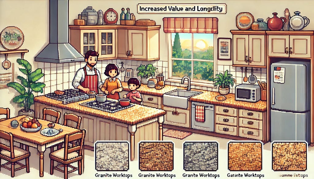 Pixel art of a kitchen with granite worktops, showcasing their value and durability. The countertops have a polished finish with natural stone patterns. A family is cooking together, highlighting the worktops’ practicality. The kitchen includes a sink, cabinets, and utensils, with warm colors creating a cozy atmosphere. In the background, a property sign indicates increased value and longevity. A window with a sunny view enhances the welcoming feel.