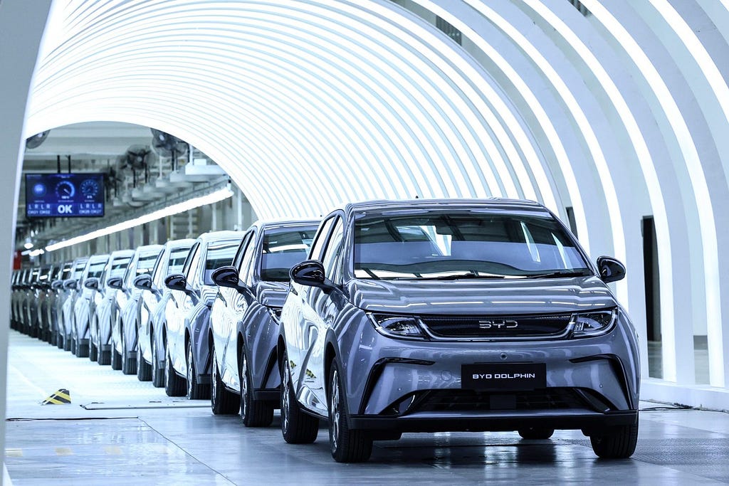 A long lineup of electric vehicles from the manufacturer BYD (Build Your Dreams)