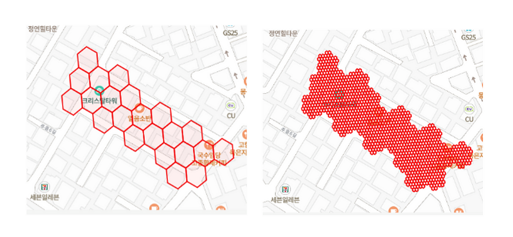 Comparison of 12-level hexagon (left) and 14-level hexagon (right) grids, using grid resolution on Coupang Rocket Delivery map