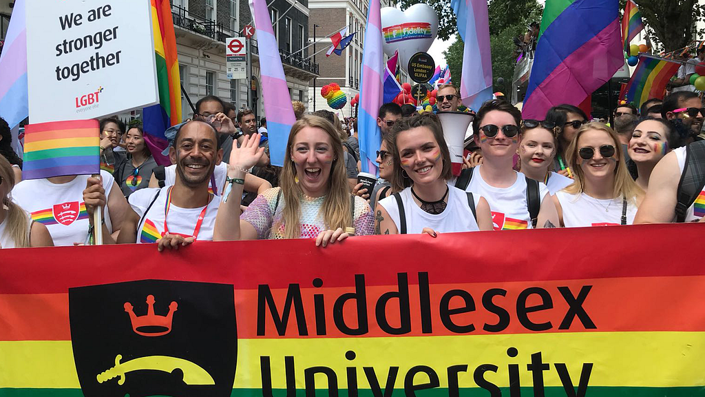 Ant Babajee with the Middlesex University group at Pride in London 2018