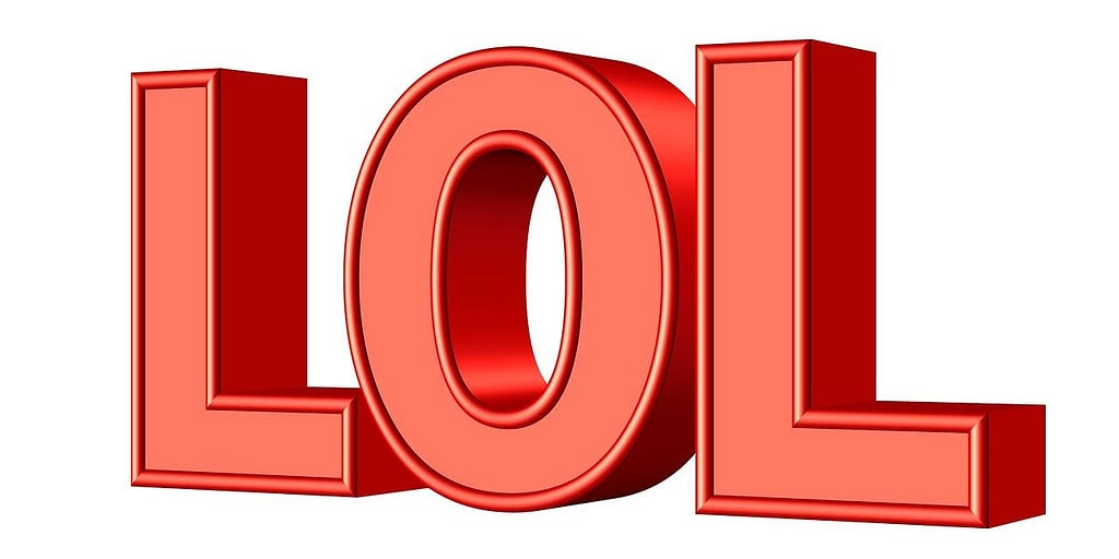 A graphic shows three large three dimensional red capital letters from a slightly sideways perspective. The letters are L-O-L.