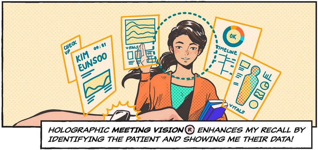 A woman  waves to their doctor and is surrounded by holographic visualizations. A speech bubble reads: “Holographic meeting vision enhances my recall by identifying the patient and showing me their data!”