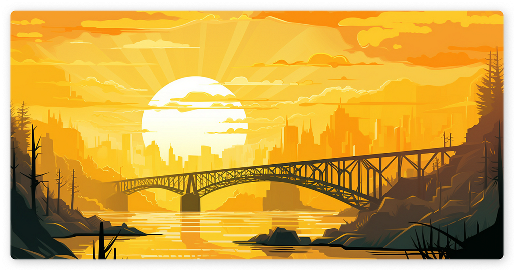 A sunset scene of a bridge. A city in the background.