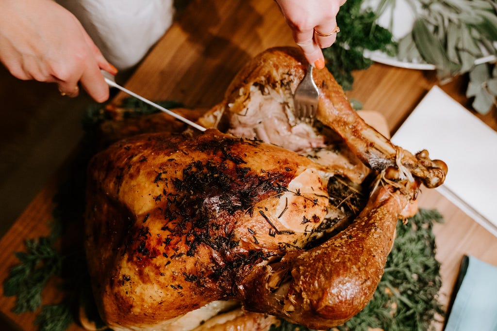 A person uses a fork and knife to begin cutting into a cooked turkey