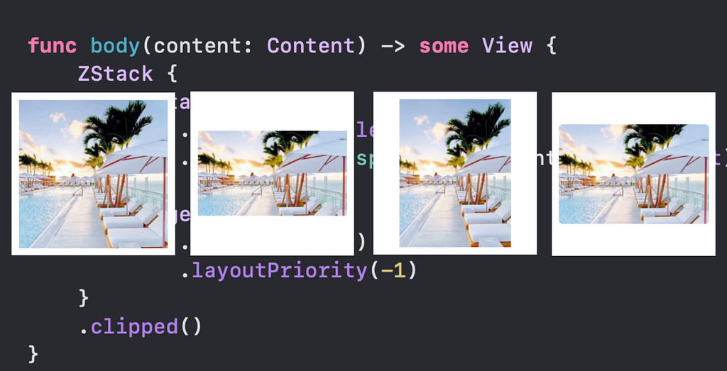 The same image is displayed four times, each at a different size. Images are positioned above the SwiftUI code that handles resizing the images.