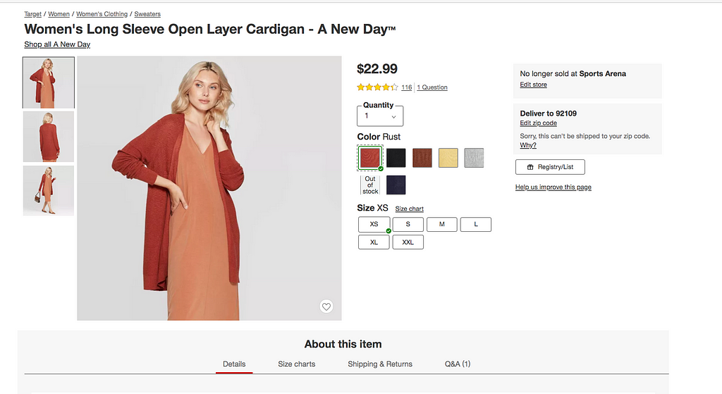 Listing for an orange sweater on Target.com