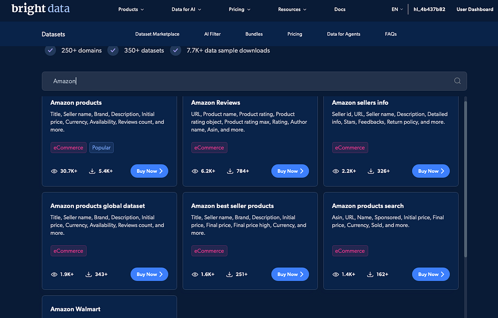 Bright Data's Dataset Marketplace includes e-commerce datasets for products, reviews, sellers, pricing, availability, and search results.