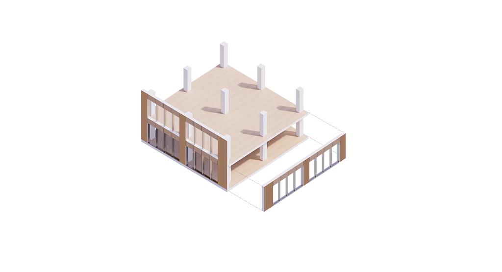 Architectural diagram shows two wooden floors with structural columns. Exterior panels, which will soon become the building walls, are attached to the outside of the floors.