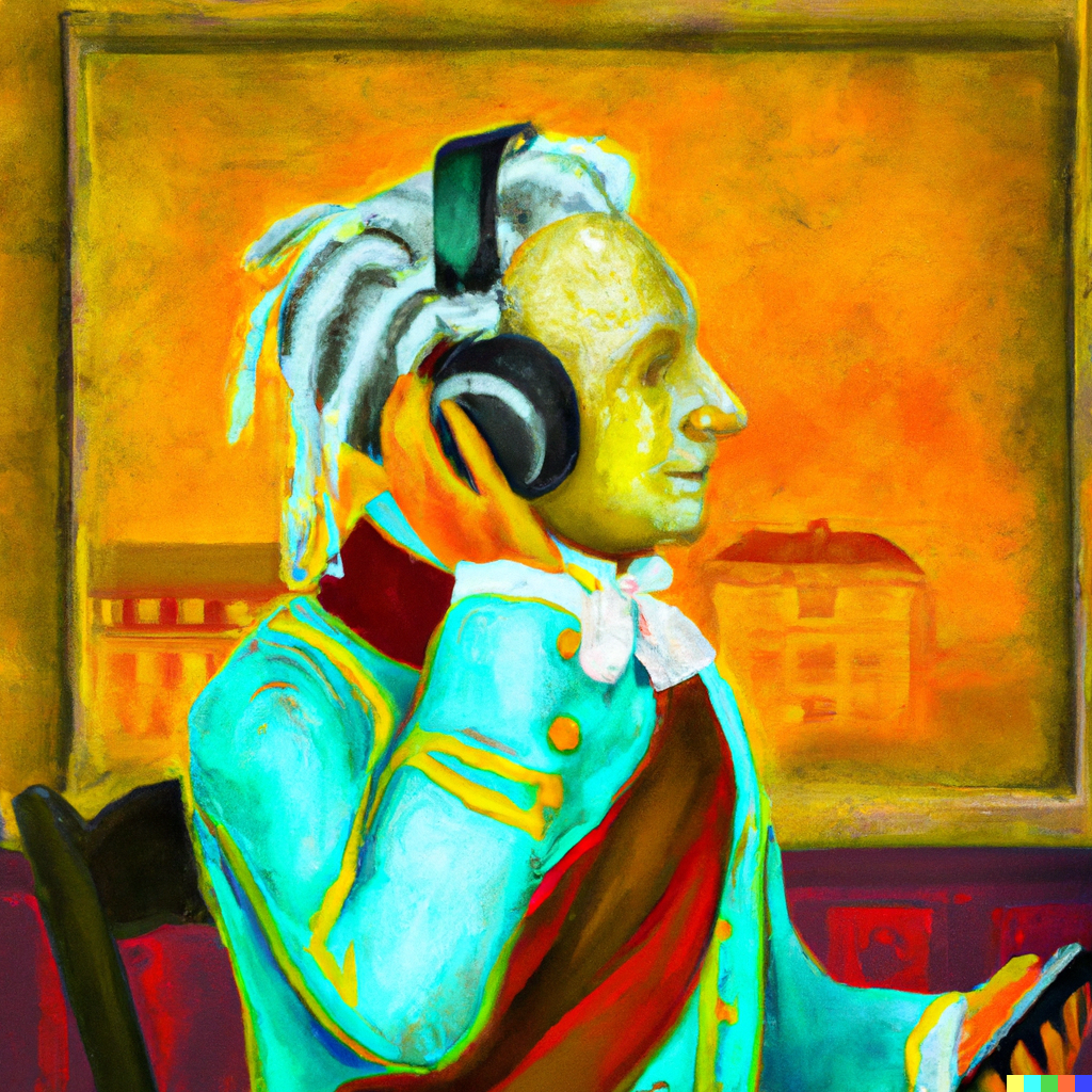 A Dalle-generated image of mozart listening to a podcast on his modern headphones.