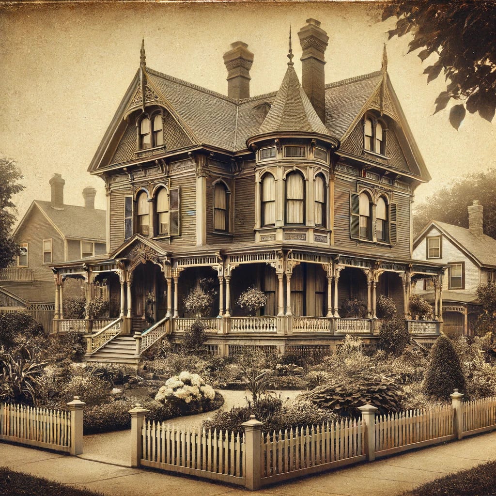 A historical image of the Borden house in Fall River, Massachusetts, showing a Victorian-era home with a garden. The house looks well-maintained