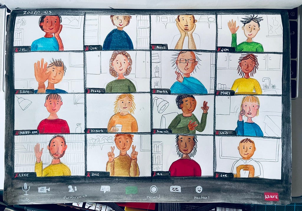 A drawing on paper. Illustrates a Zoom call with 16 people on the screen. Everyone is well lit and well-framed, so they can see each other clearly. They are making gestures in British Sign Language.