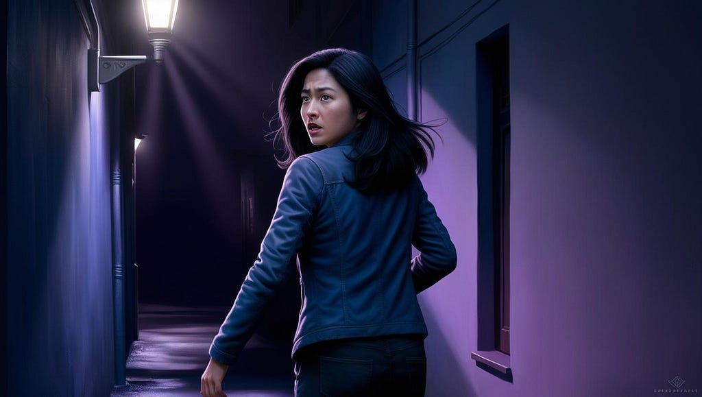 A young woman walking home at night, anxiously looking over her shoulder