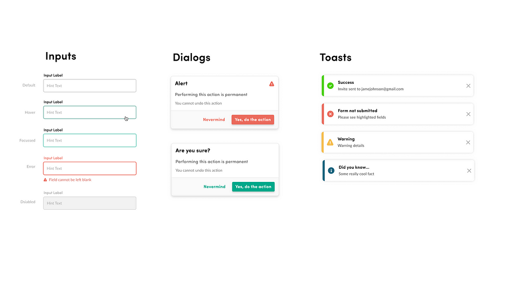 The brand colors being used on some Kiip design system components: inputs, dialogs, and toasts.
