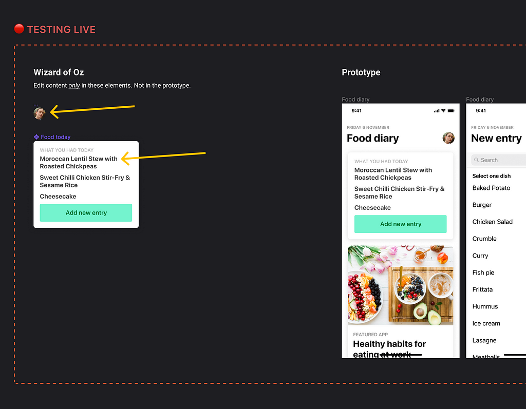 Screenshot of Figma. A red area around the prototype signals that it is being tested live.
