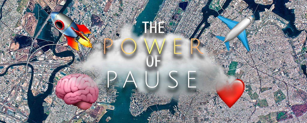 Birds eye view of a city with emojis of a rocket, brain, plane, heart surrounding a cloud saying ‘The power of pause’