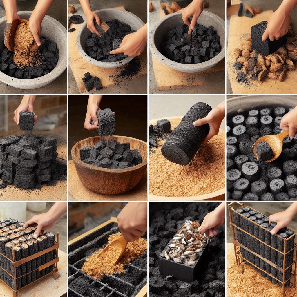 A visual guide depicting the step-by-step process of crafting briquettes, showcasing each production stage.