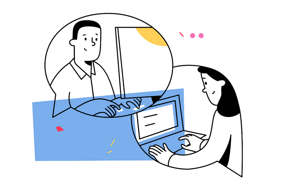 A minimalist illustration depicts a man and a woman interacting through a circular frame, symbolizing an online interface. The man, on the left, looks at a computer, his hands on the keyboard. The woman, on the right, types on a laptop. Between them is a dividing line, evoking a digital divide. The background has abstract shapes, emphasizing the digital theme. The image conveys online collaboration or communication.