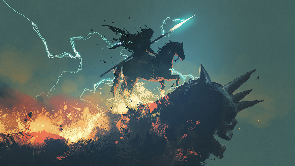 Image: A figure with a glowing spear riding on a horse, charging up the back of a vast, skull-faced demon.