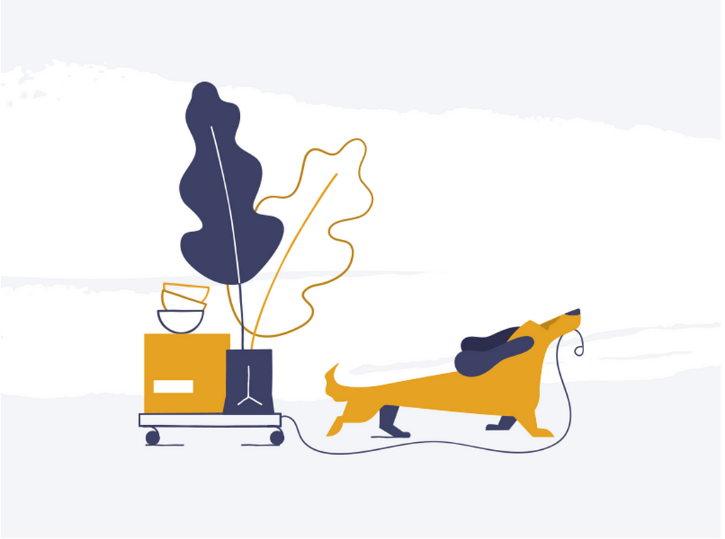 A cartoon depiction of a blue and yellow Weiner dog pulling a cart of supplies with the rope to the cart in its mouth.