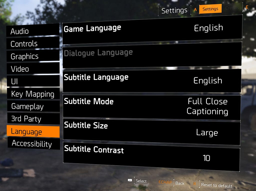 An options menu for the game “The Division 2”, featuring subtitle and language options.