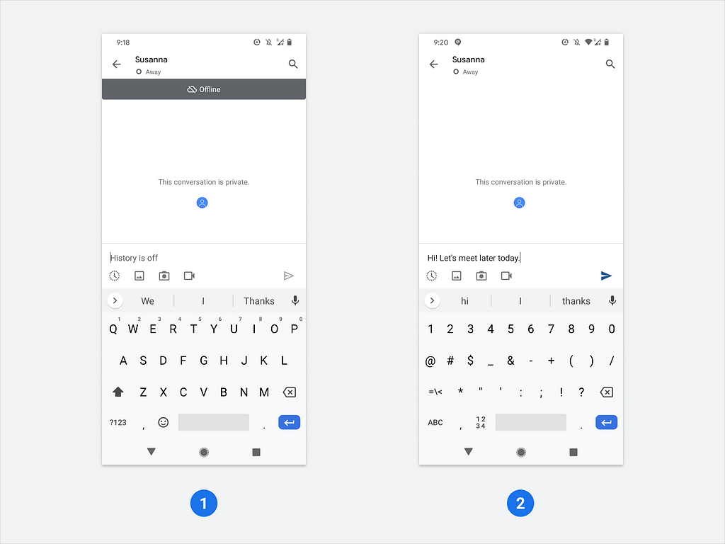 Chat app with conversation screen, area to type and keyboard