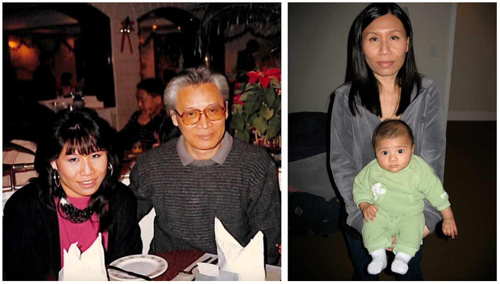 On the left: A photo of a teenage Asian girl with her father. On the right: A photo of an Asian mother with her baby.