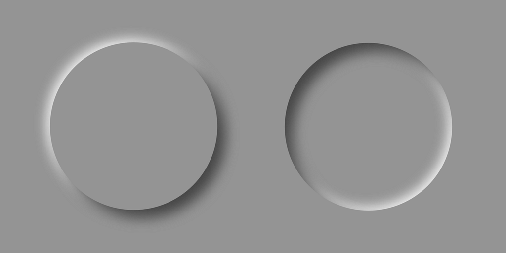 Digital illustration of two circular buttons following the Neumorphism / Soft UI trend, in a gray color scheme.